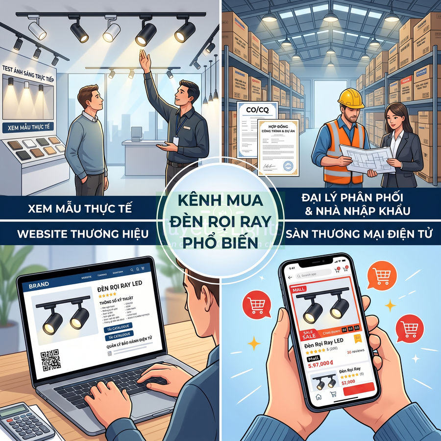 Các kênh mua đèn rọi ray LED phổ biến gồm xem mẫu thực tế, website thương hiệu và sàn thương mại điện tử