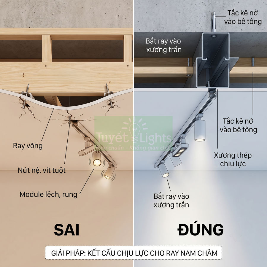 So sánh lắp đặt ray đèn nam châm sai và đúng với kết cấu thép chịu lực gắn trần bê tông