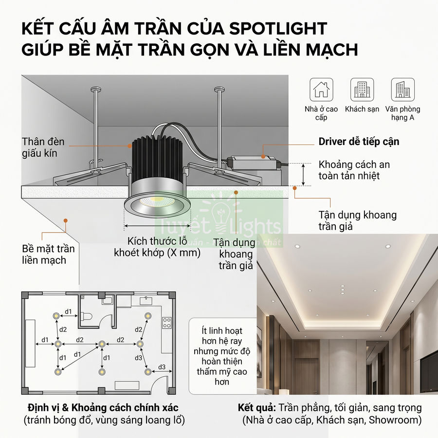 Đèn spotlight âm trần Turret Lights với cấu tạo giấu kín giúp trần phẳng gọn gàng sang trọng