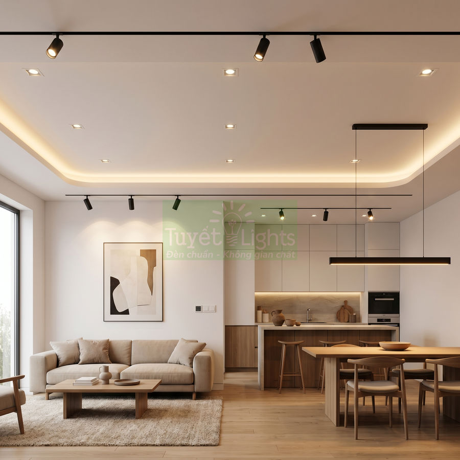 Đèn ray nam châm Tuyết Lights chiếu sáng phòng khách và bếp phong cách hiện đại, nội thất gỗ sáng