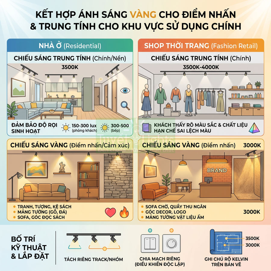 Infographic hướng dẫn kết hợp ánh sáng vàng và trung tính cho nhà ở và shop thời trang, minh họa các khu vực chiếu sáng