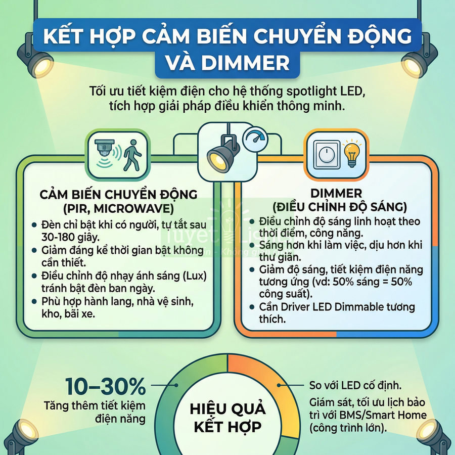 Giải pháp kết hợp cảm biến chuyển động và dimmer điều khiển độ sáng cho hệ thống đèn spotlight LED tiết kiệm điện