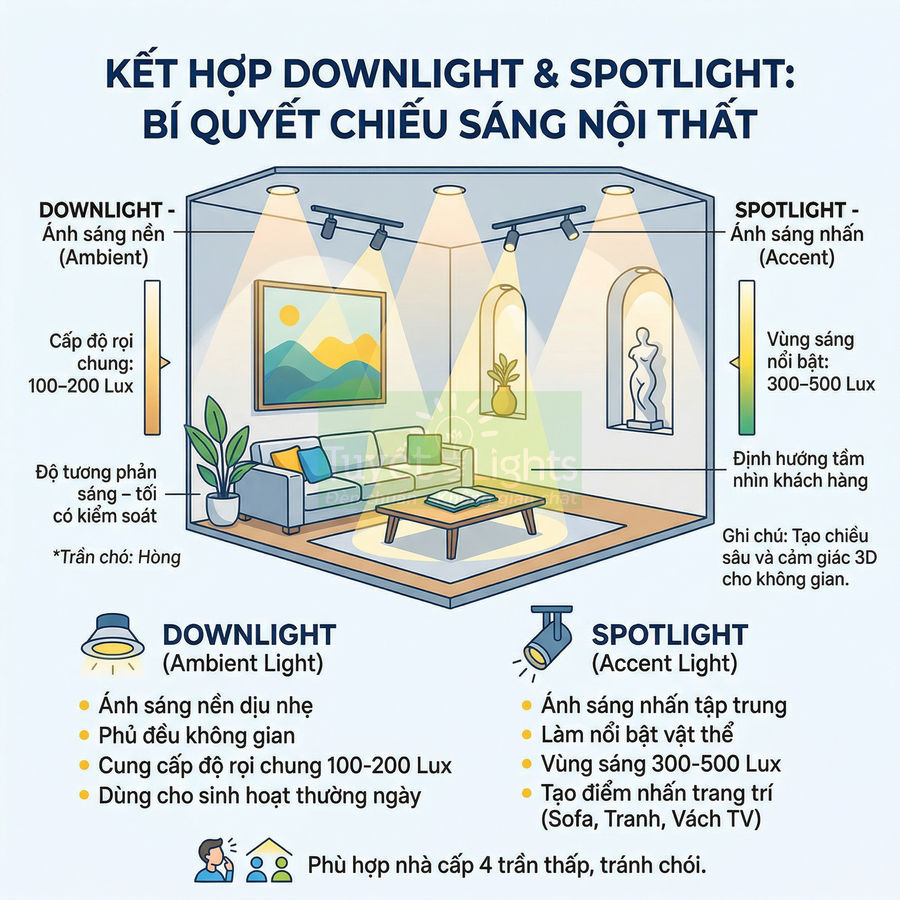 Minh họa phòng khách dùng đèn downlight và spotlight để chiếu sáng nền và tạo điểm nhấn nội thất