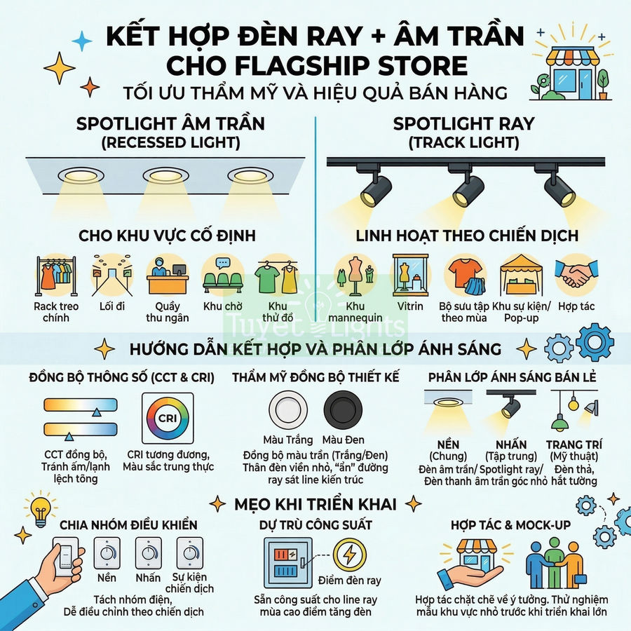 Infographic hướng dẫn kết hợp đèn ray và đèn âm trần tối ưu ánh sáng cho flagship store bán lẻ