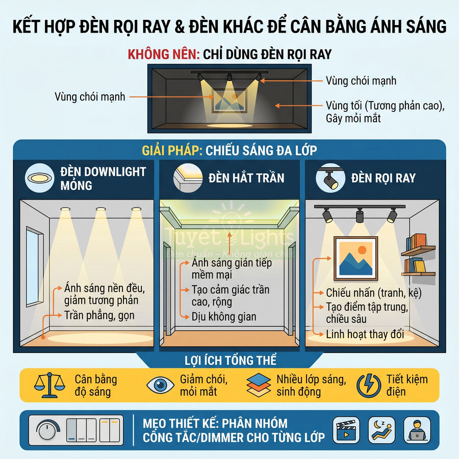 Infographic hướng dẫn kết hợp đèn rọi ray, đèn downlight mỏng và đèn hắt trần để chiếu sáng đa lớp trong phòng