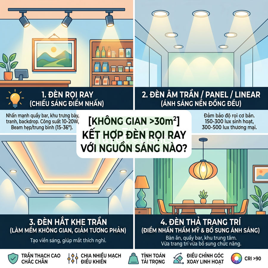 Infographic các loại đèn chiếu sáng nội thất: đèn rọi ray, đèn âm trần, đèn hắt khe trần và đèn thả trang trí