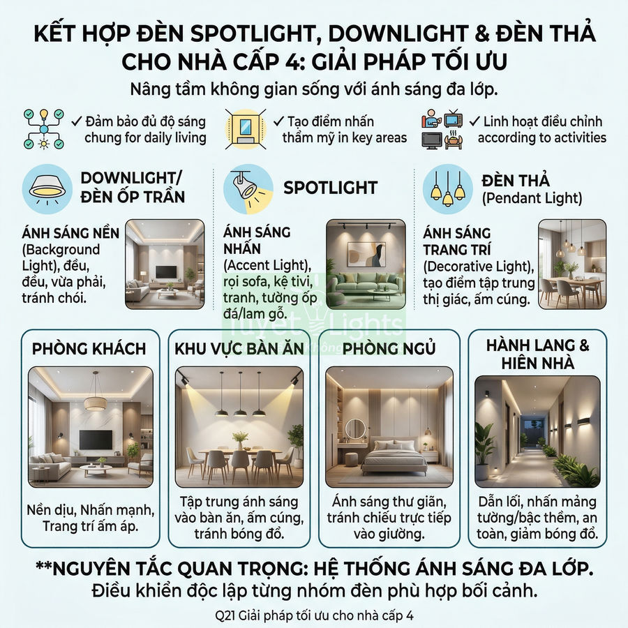 Infographic hướng dẫn kết hợp đèn spotlight, downlight và đèn thả tối ưu chiếu sáng nhà cấp 4