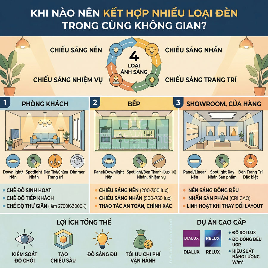 Infographic hướng dẫn kết hợp nhiều loại đèn chiếu sáng cho phòng khách bếp và showroom để tối ưu ánh sáng và chi phí