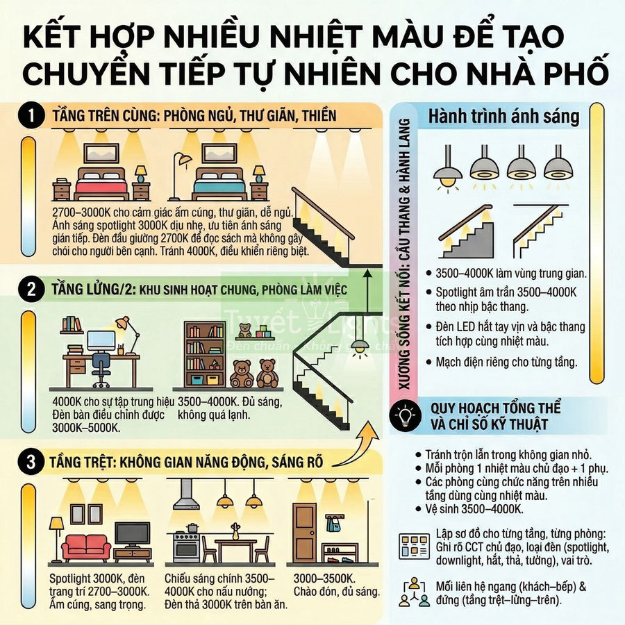 Infographic hướng dẫn chọn nhiệt màu đèn LED cho từng tầng nhà phố để tạo ánh sáng chuyển tiếp tự nhiên