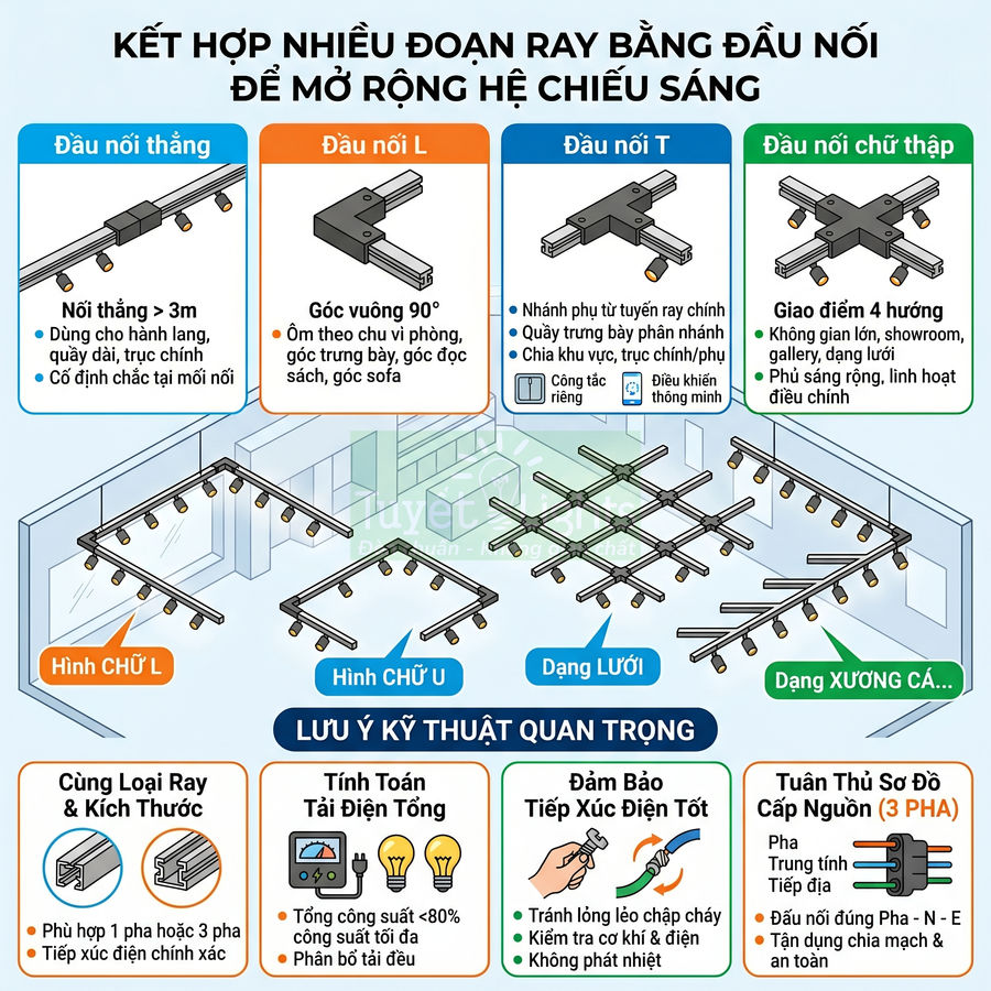 Các loại đầu nối ray đèn chiếu sáng và cách lắp ghép mở rộng hệ thống đèn ray trong nhà
