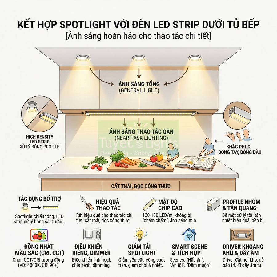 Đèn spotlight kết hợp đèn LED strip dưới tủ bếp chiếu sáng khu vực sơ chế và đọc công thức nấu ăn