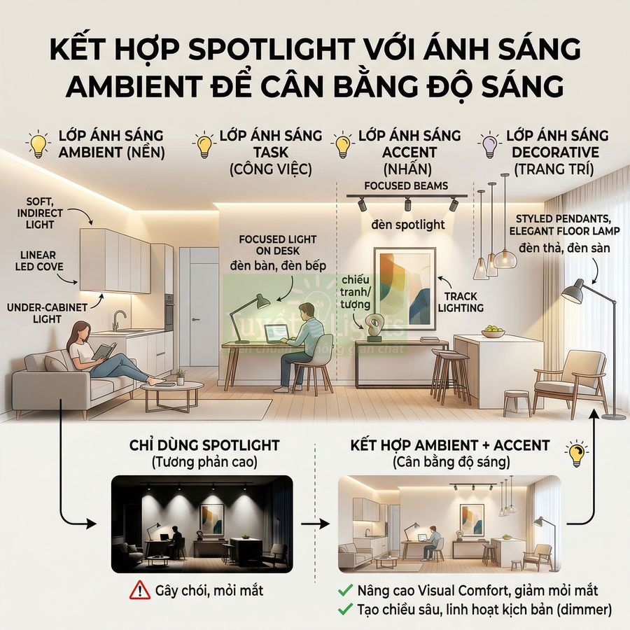 Minh họa phòng khách và bếp sử dụng đèn spotlight, đèn trần, đèn bàn và đèn trang trí để cân bằng ánh sáng