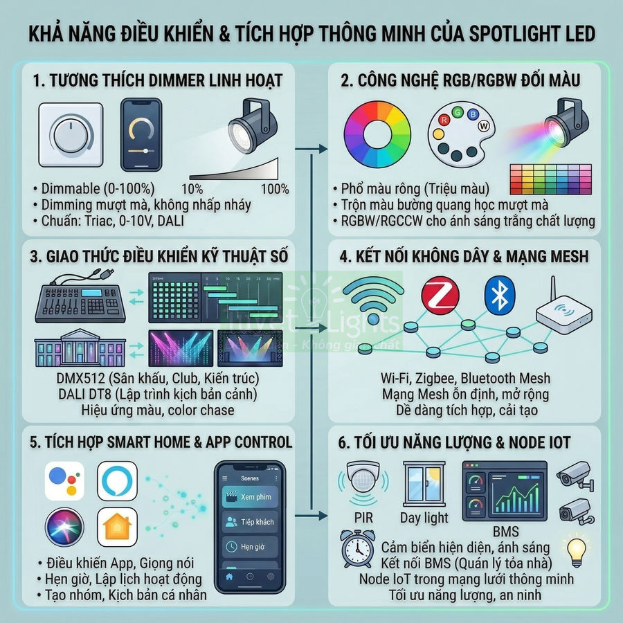 Infographic giới thiệu khả năng điều khiển và tích hợp thông minh của đèn spotlight LED RGB điều khiển qua app, dimmer, IoT