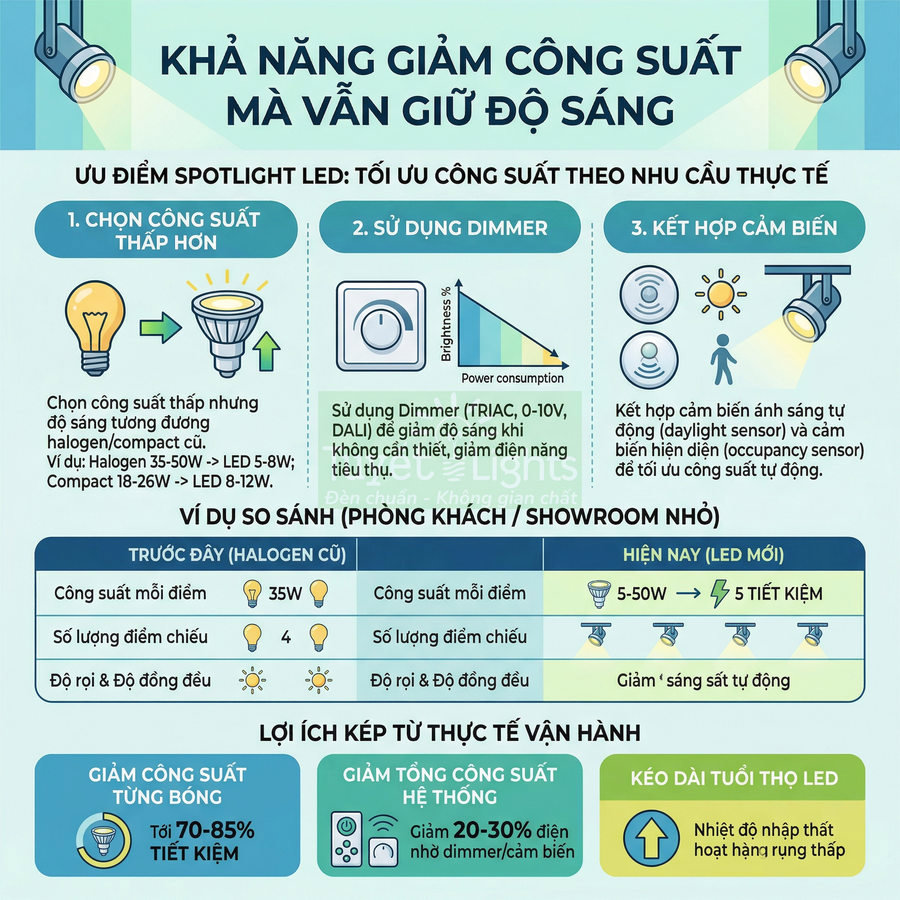 Infographic hướng dẫn tối ưu công suất và tiết kiệm điện cho đèn spotlight LED so với đèn halogen cũ