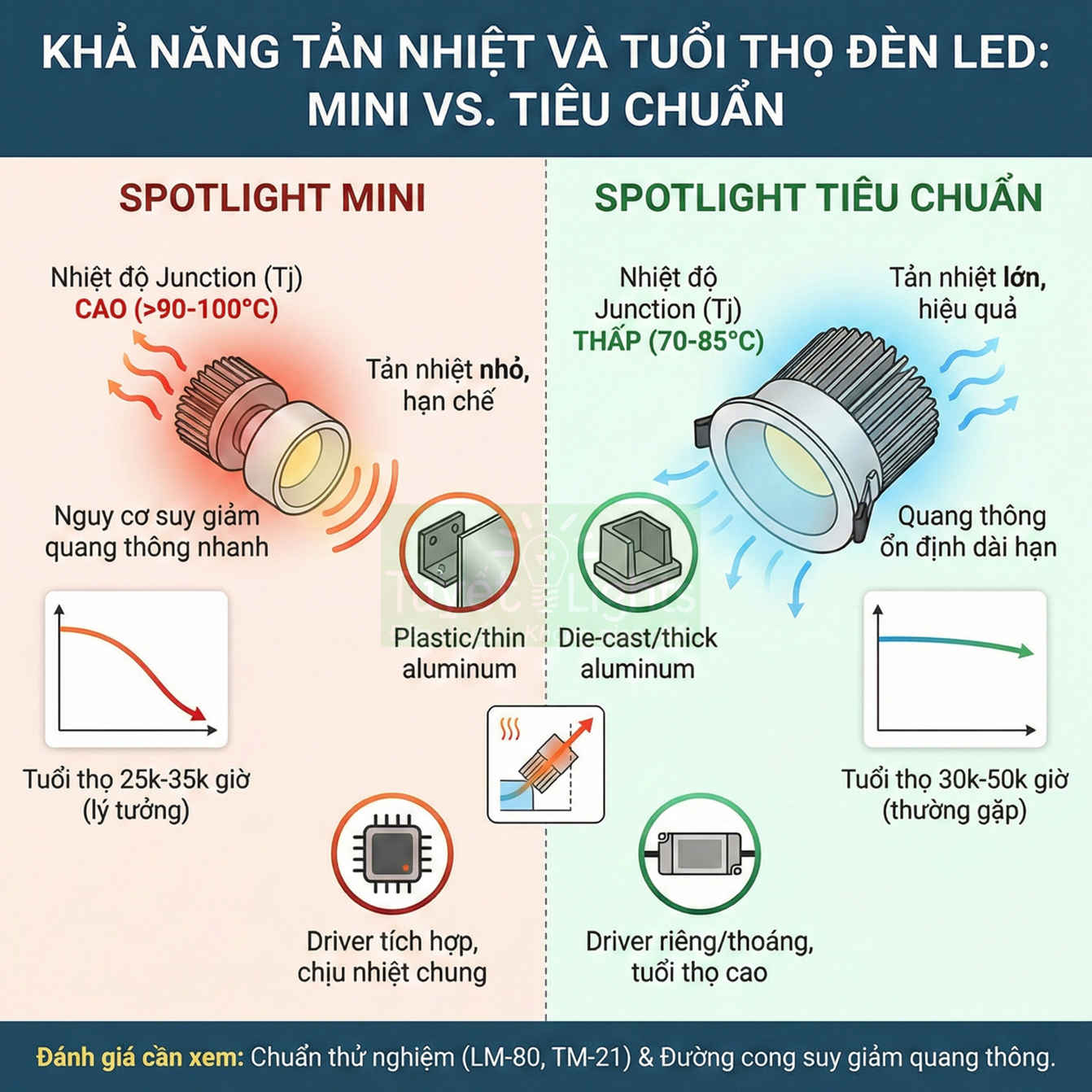 So sánh khả năng tản nhiệt và tuổi thọ đèn LED spotlight mini và spotlight tiêu chuẩn