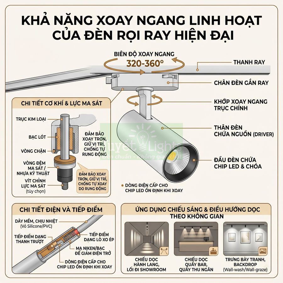 Đèn rọi ray hiện đại xoay ngang 320 360 độ với cấu tạo chi tiết và ứng dụng chiếu sáng nội thất