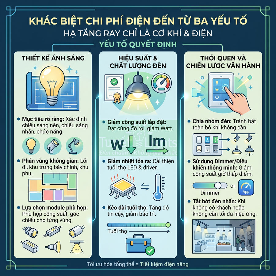 Infographic tiếng Việt về các yếu tố thiết kế ánh sáng và vận hành giúp tối ưu chi phí điện năng