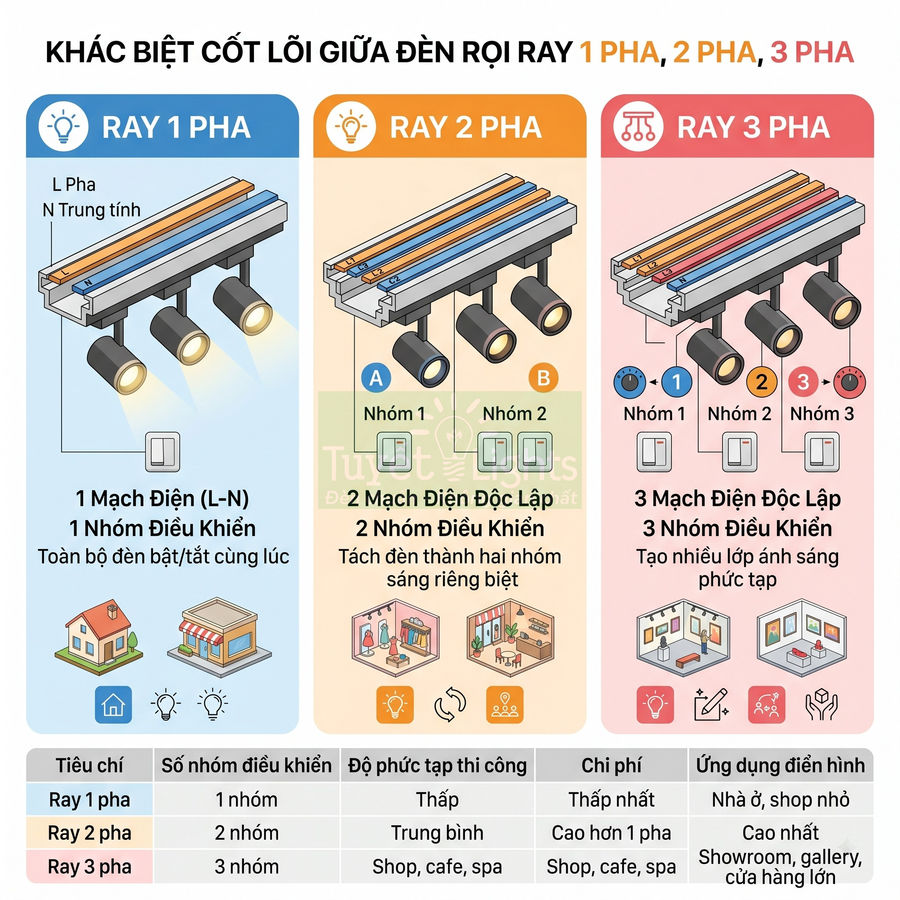 So sánh cấu tạo và ứng dụng đèn rọi ray 1 pha, 2 pha, 3 pha cho nhà ở, shop, showroom