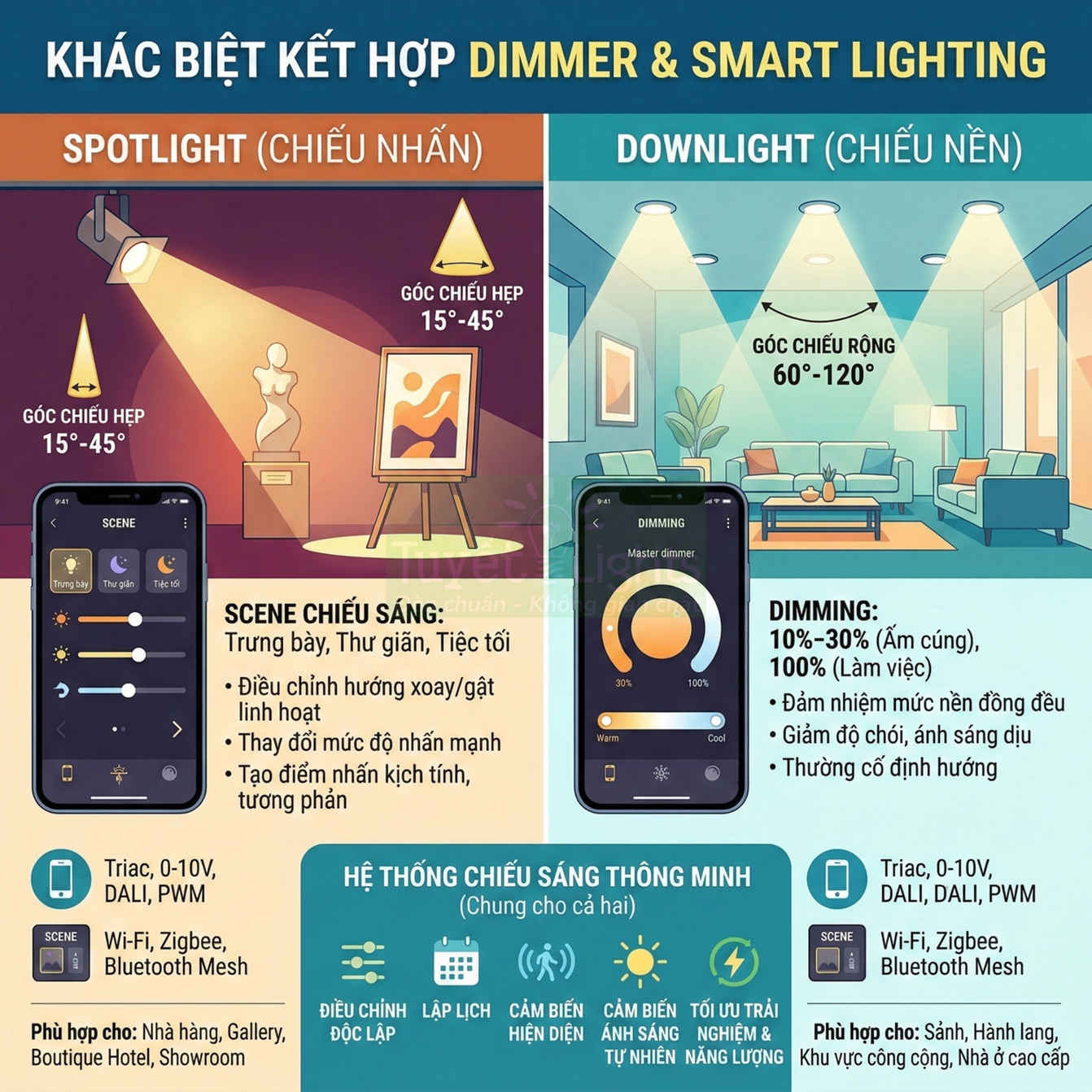 So sánh đèn spotlight chiếu nhấn và đèn downlight chiếu nền trong hệ thống chiếu sáng thông minh dimmer