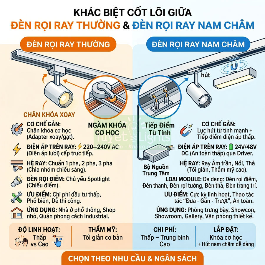 So sánh đèn rọi ray thường và đèn rọi ray nam châm, minh họa cấu tạo, cơ chế gắn và ưu nhược điểm