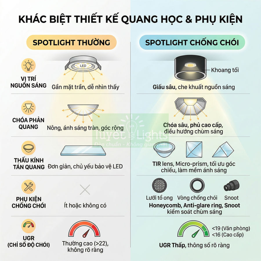 So sánh thiết kế quang học spotlight thường và spotlight chống chói, nêu rõ cấu tạo và phụ kiện chiếu sáng