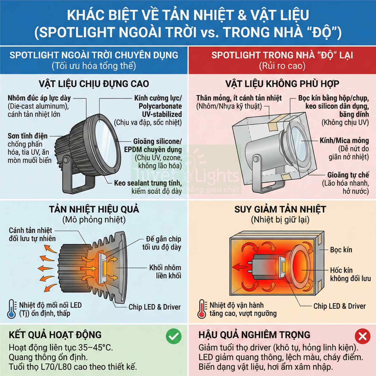 So sánh cấu tạo và tản nhiệt spotlight ngoài trời chuyên dụng với spotlight trong nhà độ lại, minh họa chi tiết các bộ phận