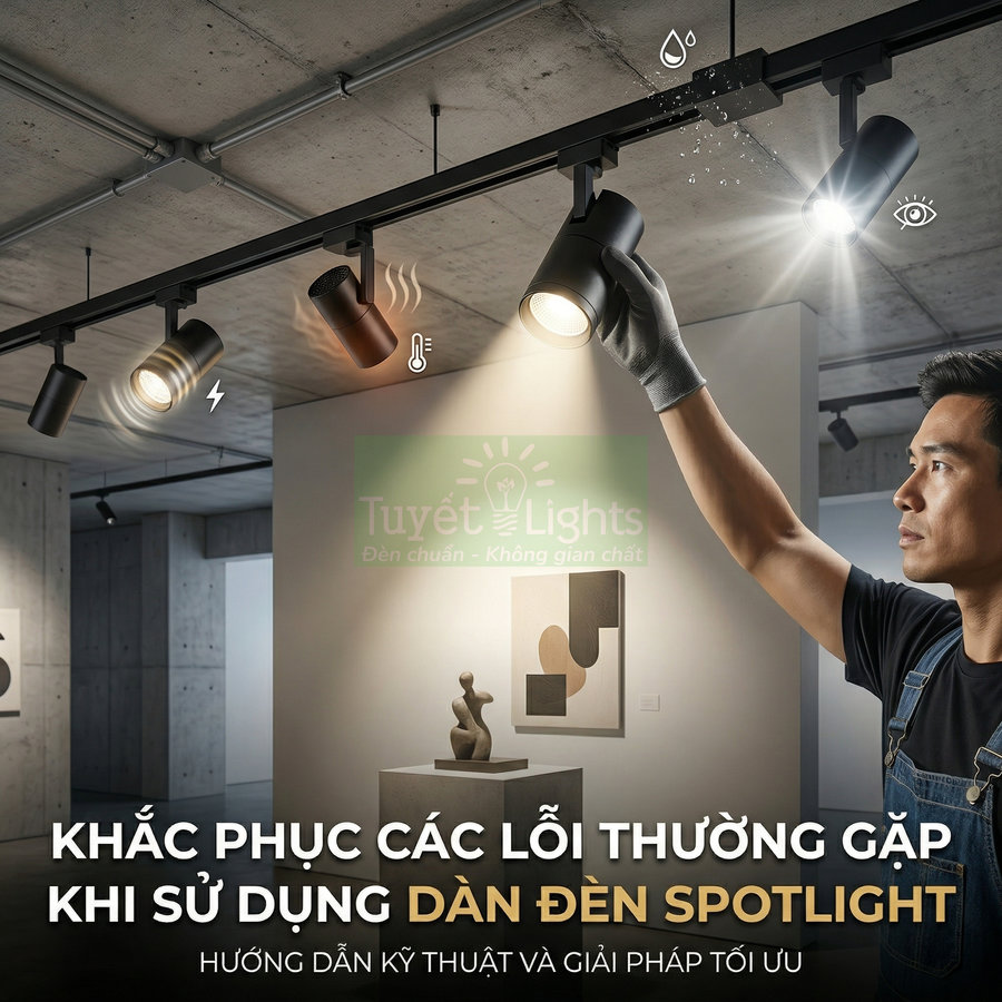 Kỹ thuật viên điều chỉnh dàn đèn spotlight Tuyết Lights chiếu sáng tranh và tượng trong phòng trưng bày