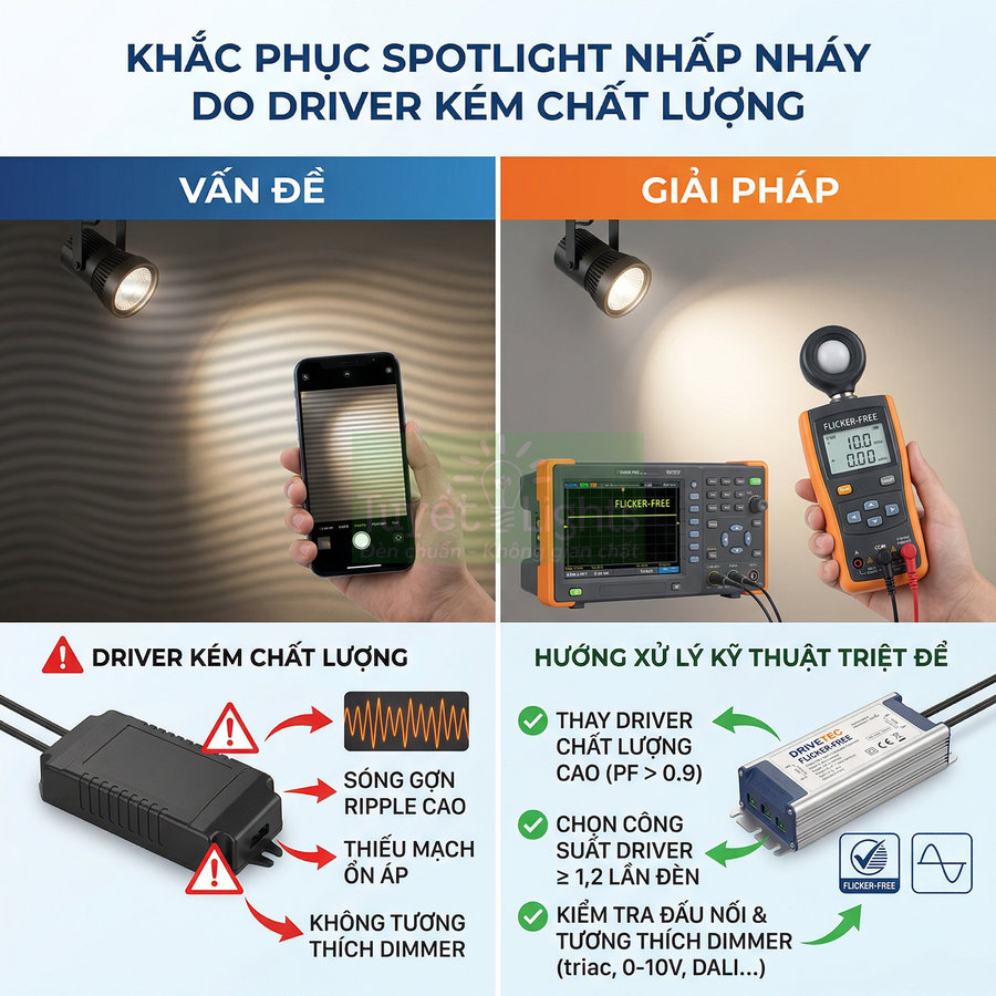 Hướng dẫn khắc phục đèn spotlight LED nhấp nháy bằng cách thay driver kém chất lượng bằng driver chống nhấp nháy