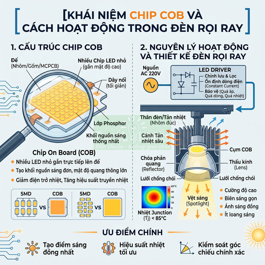 Sơ đồ cấu tạo chip COB và nguyên lý hoạt động trong đèn rọi ray LED, nhấn mạnh ưu điểm chiếu sáng