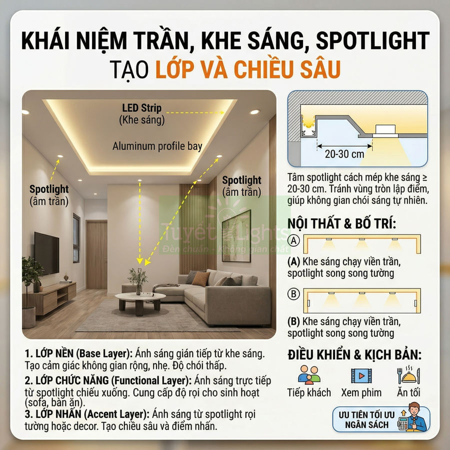 Trần thạch cao phòng khách với khe sáng LED strip và hệ thống spotlight âm trần tạo lớp ánh sáng hiện đại