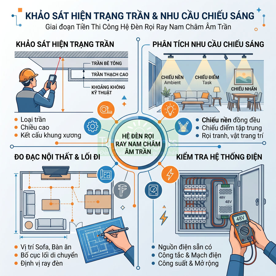 Quy trình khảo sát và lắp đặt hệ đèn rọi ray nam châm âm trần cho không gian nội thất