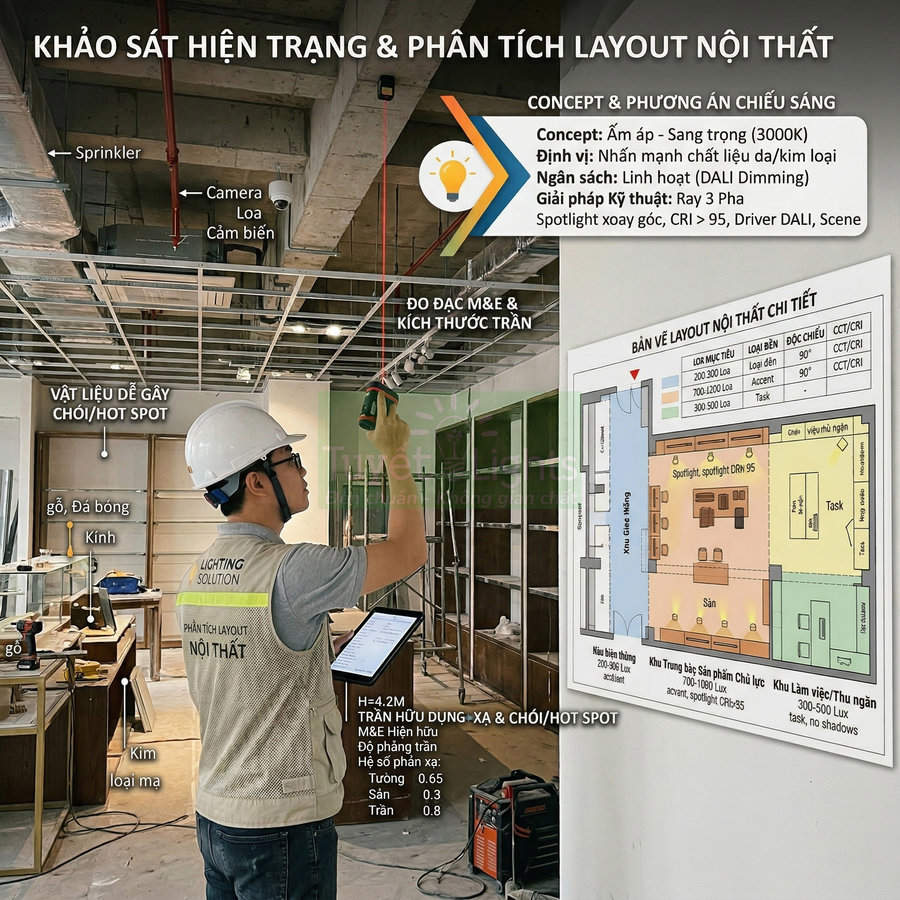 Kỹ sư đội Lighting Solution khảo sát trần và phân tích layout nội thất cho hệ thống chiếu sáng showroom