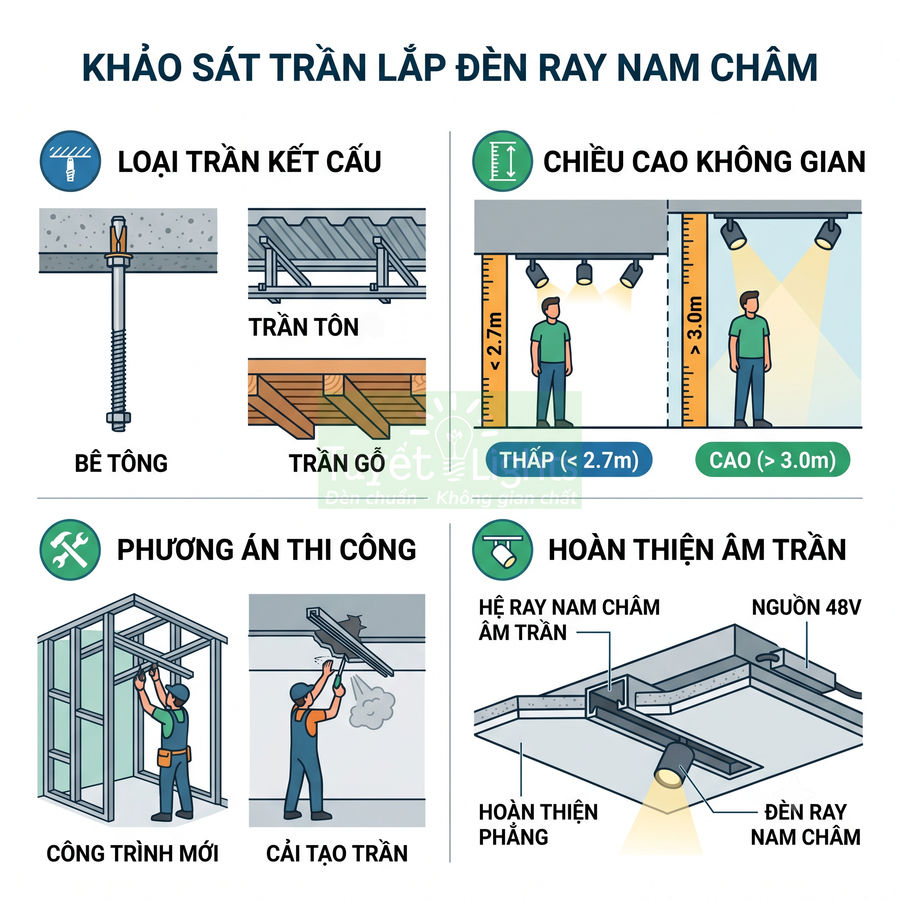 Hướng dẫn khảo sát trần và lắp đặt hệ thống đèn ray nam châm âm trần cho công trình mới và cải tạo trần