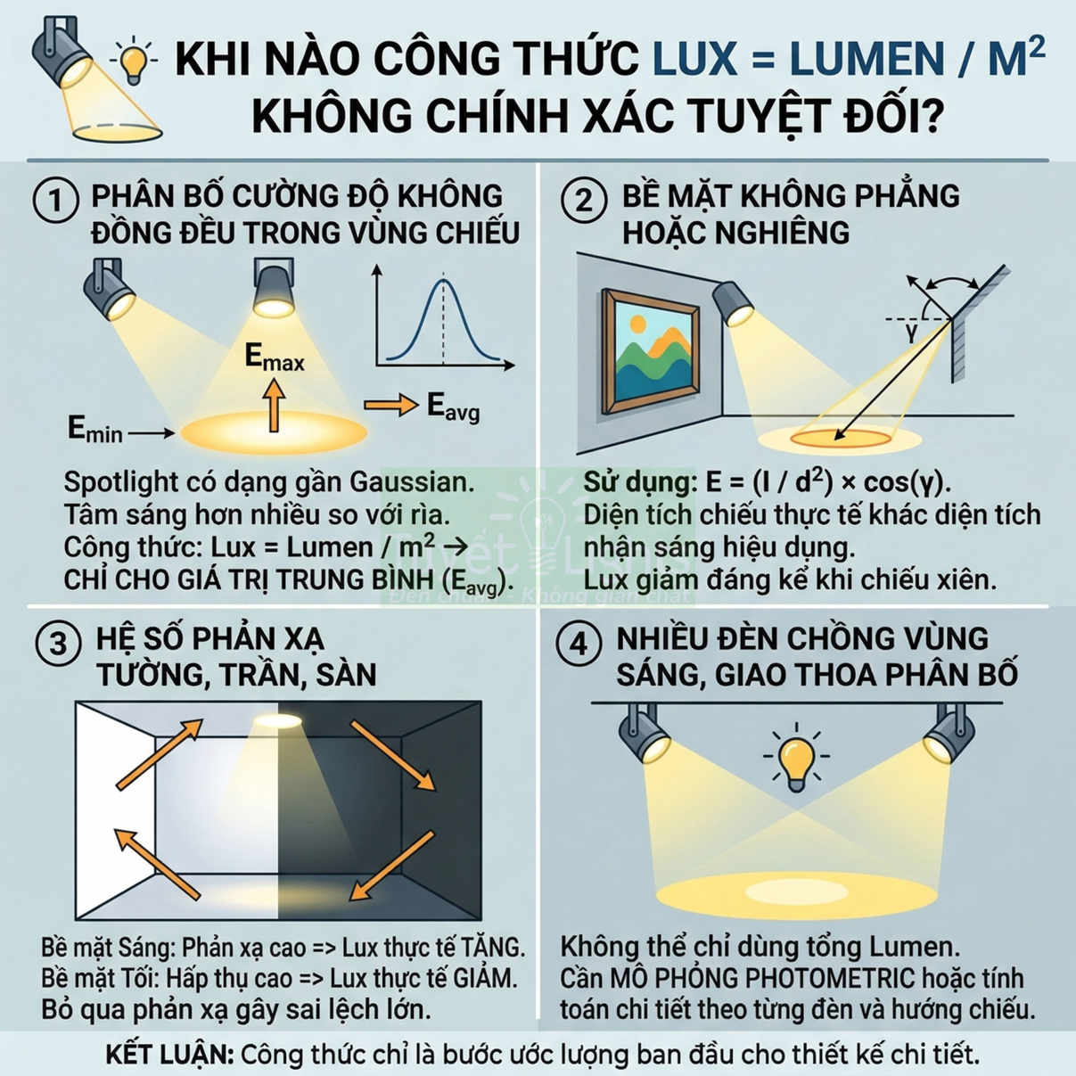 Các trường hợp công thức lux bằng lumen trên mét vuông cho kết quả chiếu sáng không chính xác