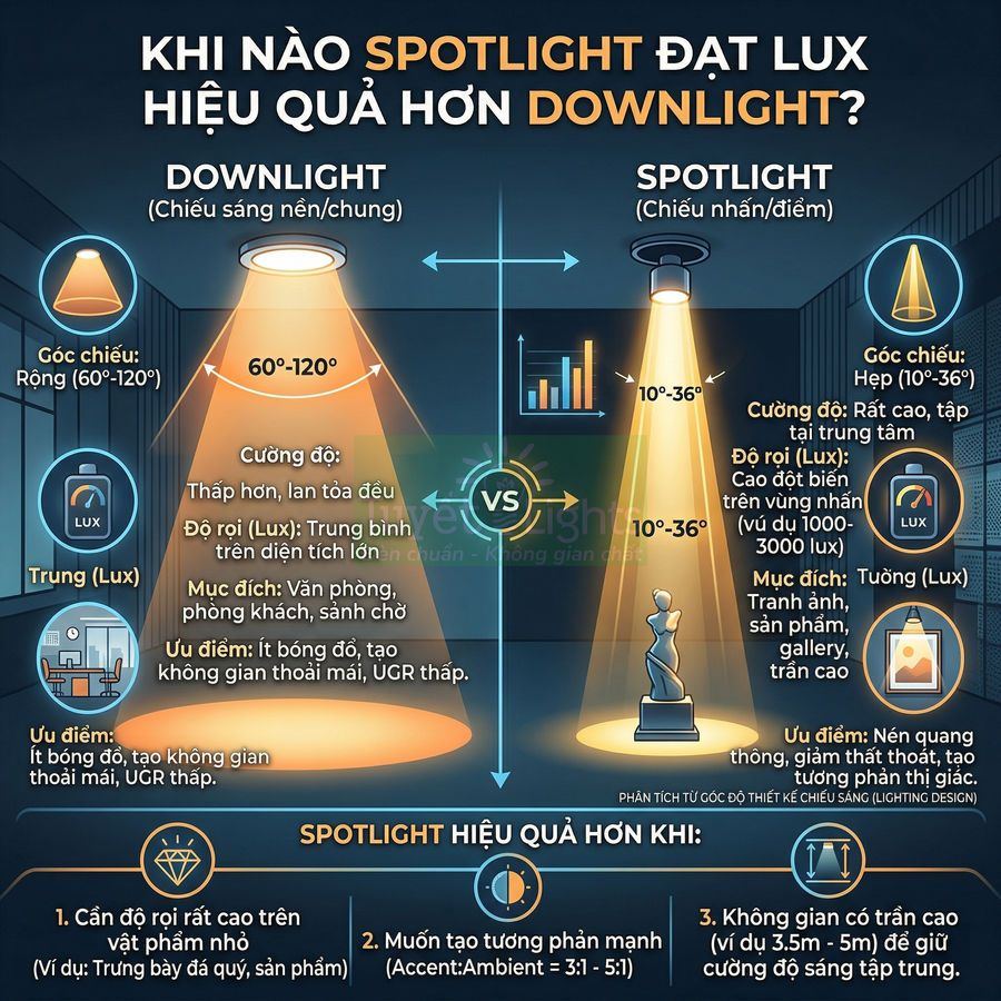 Infographic so sánh đèn spotlight và đèn downlight về góc chiếu, độ rọi lux và ứng dụng chiếu sáng nội thất