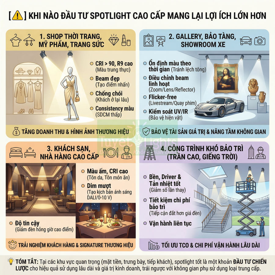 Infographic lợi ích đầu tư đèn spotlight cao cấp cho shop thời trang, gallery, khách sạn và công trình khó bảo trì