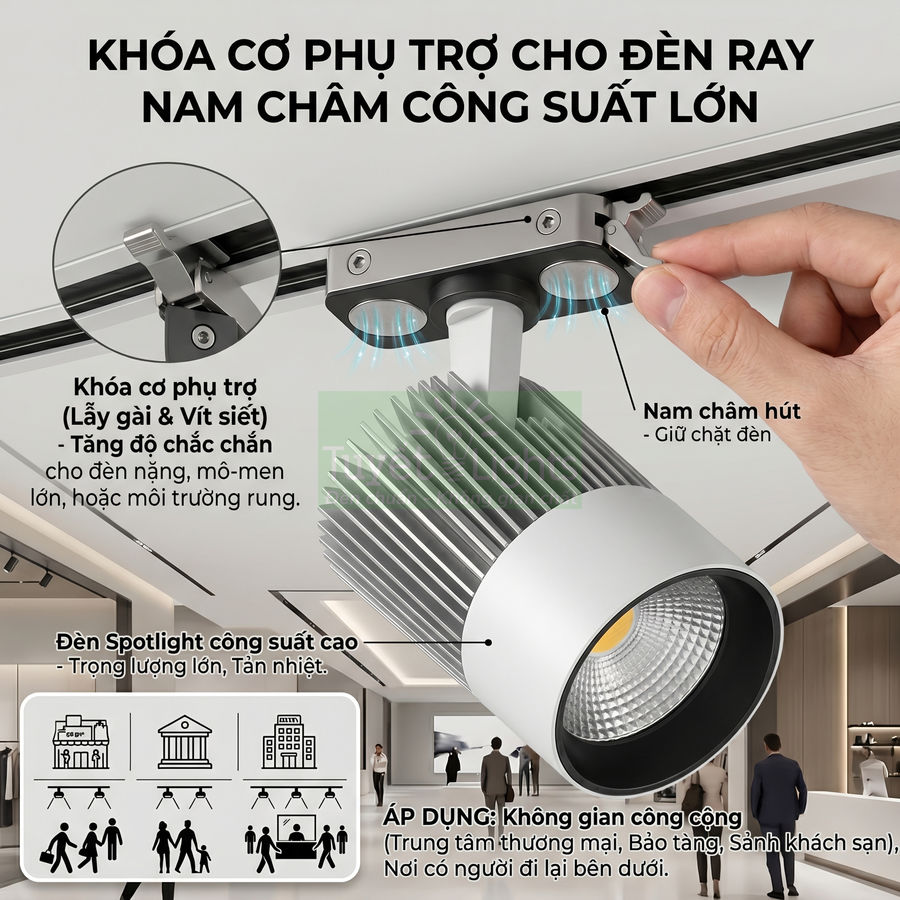 Đèn spotlight ray nam châm công suất lớn với khóa cơ phụ trợ tăng độ chắc chắn khi lắp trên trần