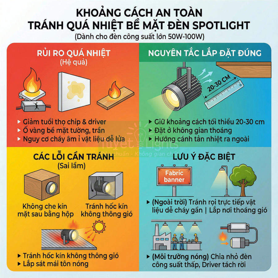 Hướng dẫn khoảng cách lắp đặt an toàn cho đèn spotlight công suất lớn tránh quá nhiệt và cháy nổ
