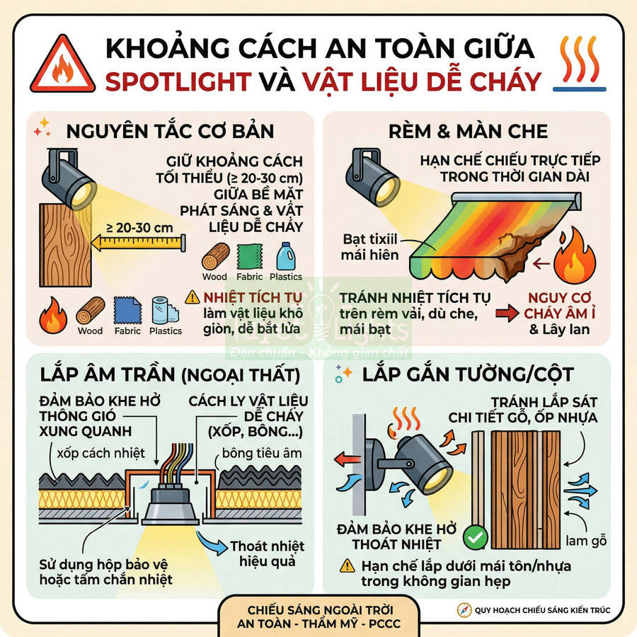Hướng dẫn khoảng cách an toàn giữa đèn spotlight và vật liệu dễ cháy khi lắp trần, tường, rèm che