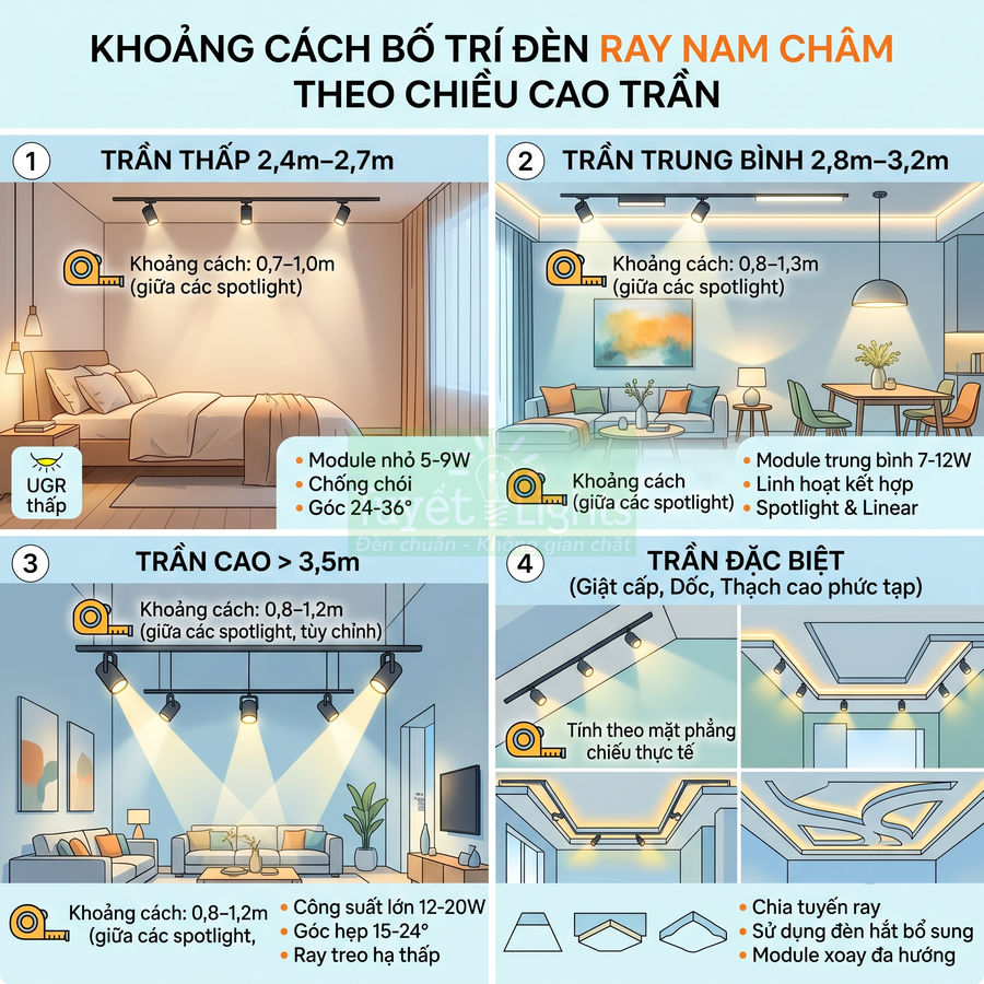 Hướng dẫn bố trí đèn ray nam châm theo chiều cao trần nhà cho phòng ngủ và phòng khách
