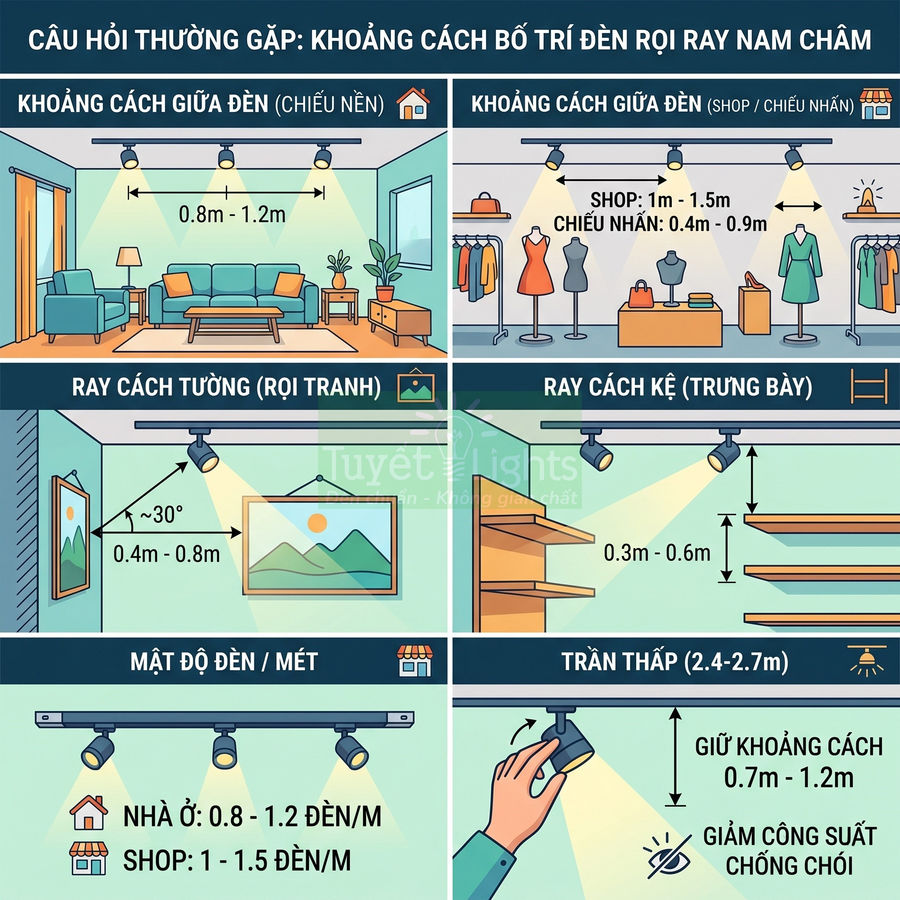 Hướng dẫn bố trí khoảng cách đèn rọi ray nam châm cho nhà ở và shop thời trang, minh họa các vị trí lắp đặt