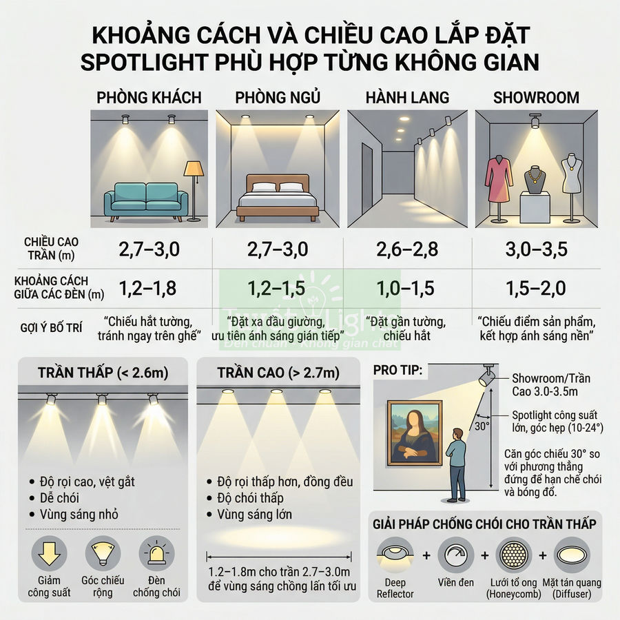 Infographic hướng dẫn lắp đặt đèn spotlight cho phòng khách, phòng ngủ, hành lang và showroom theo chiều cao trần