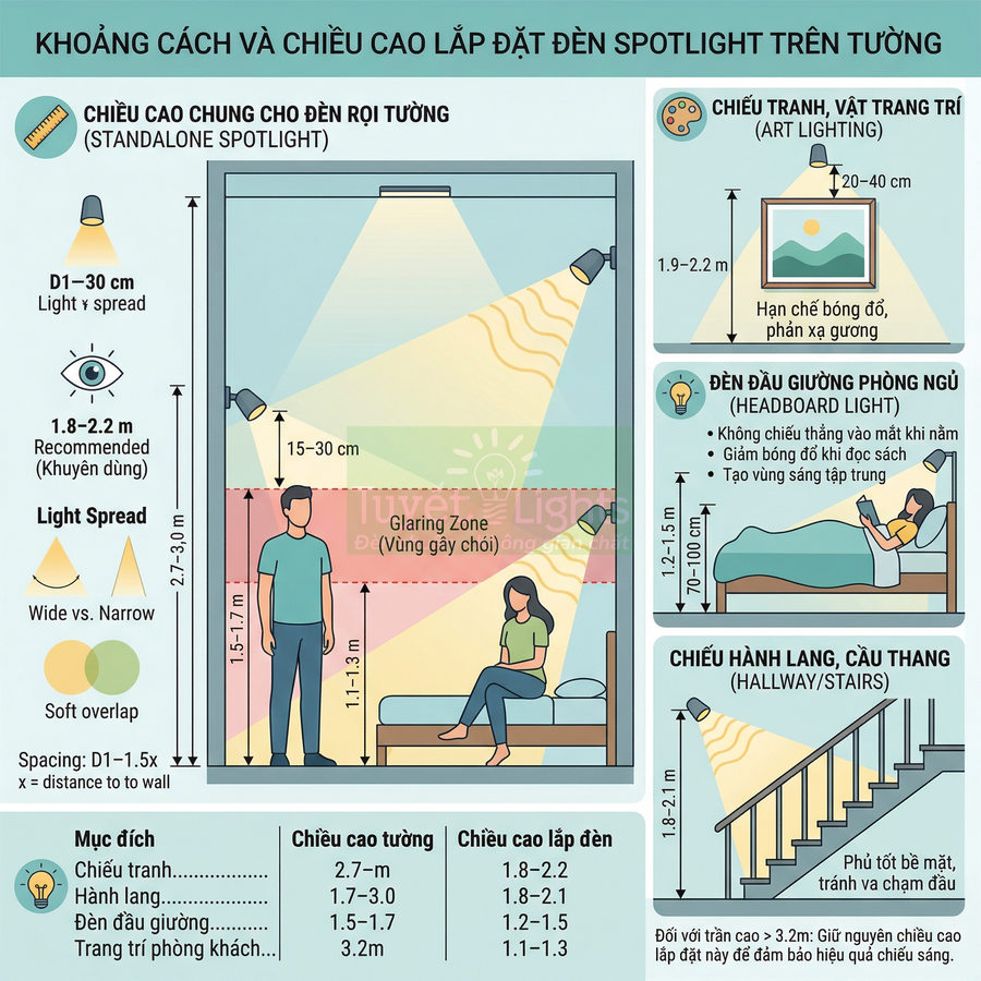 Hướng dẫn khoảng cách và chiều cao lắp đặt đèn spotlight trên tường cho phòng ngủ, hành lang và chiếu tranh