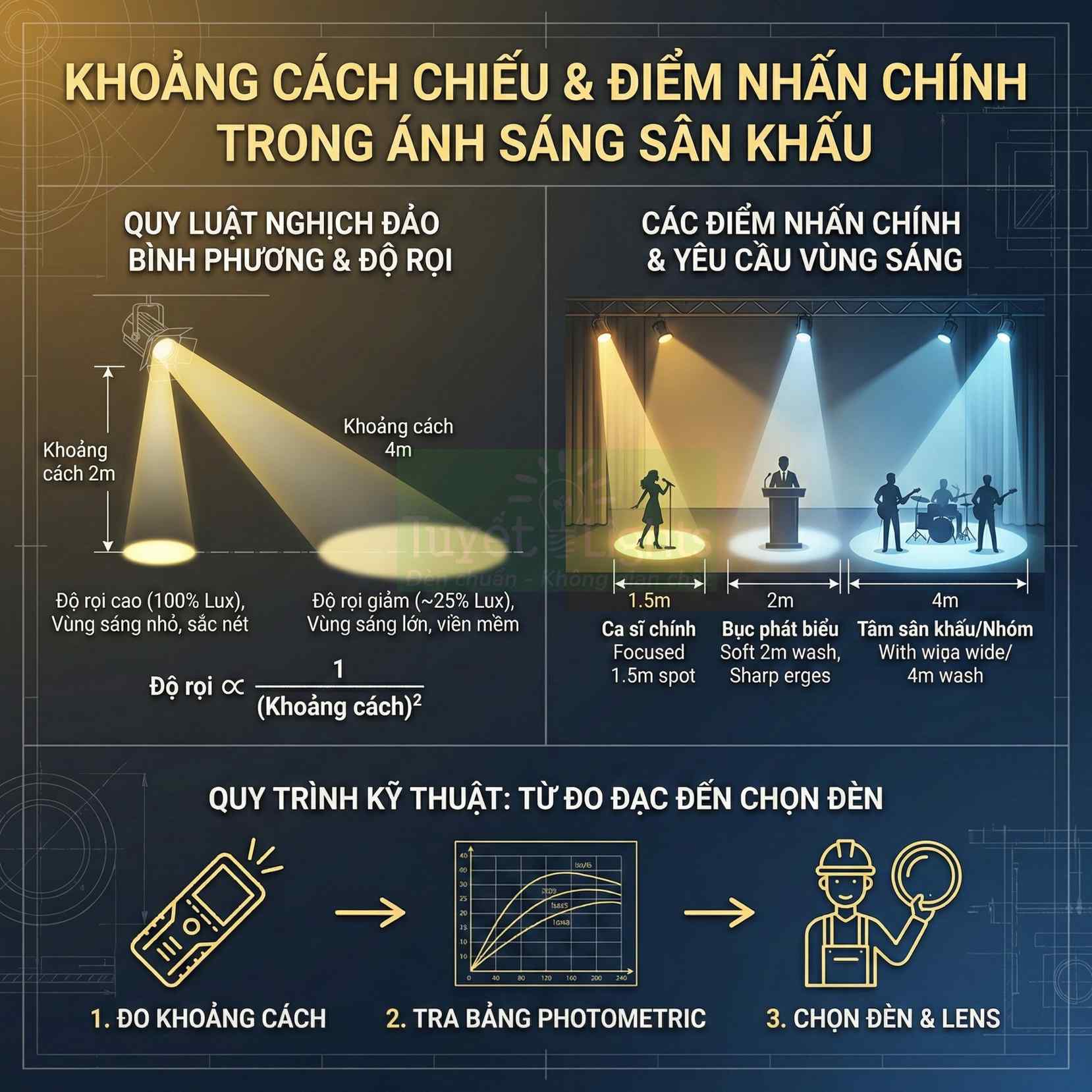 Hướng dẫn khoảng cách chiếu và điểm nhấn chính trong thiết kế ánh sáng sân khấu chuyên nghiệp