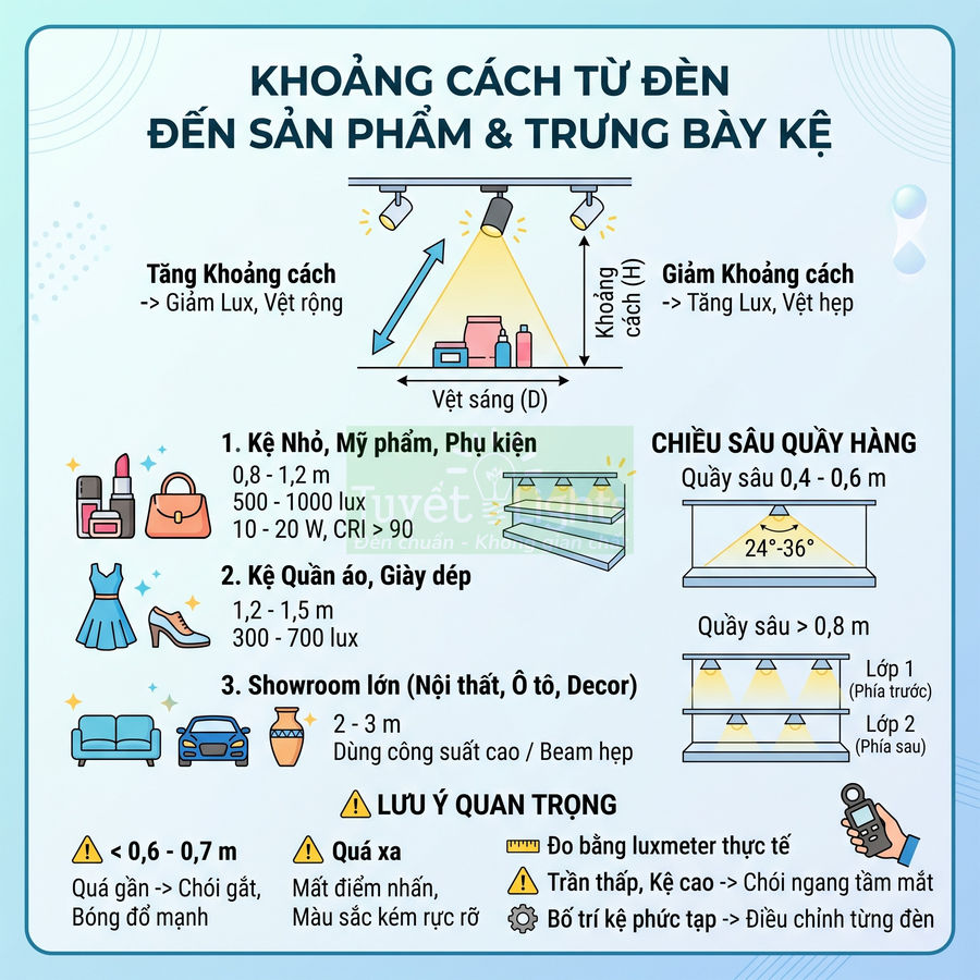 Hướng dẫn khoảng cách từ đèn chiếu sáng đến sản phẩm trưng bày trên kệ mỹ phẩm, quần áo, showroom