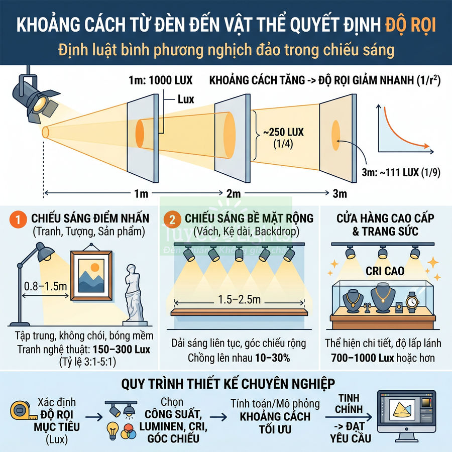 Infographic hướng dẫn thiết kế chiếu sáng, khoảng cách đèn đến vật thể và độ rọi cho tranh, sản phẩm, cửa hàng