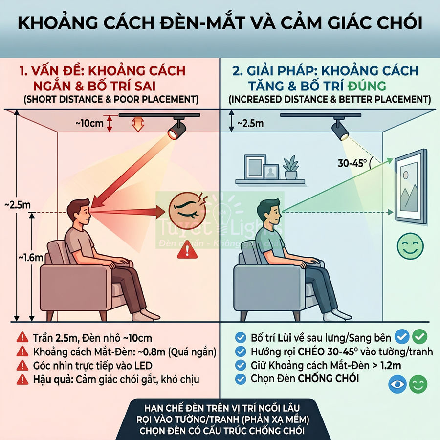 Minh họa khoảng cách đèn LED trần và mắt, so sánh bố trí sai gây chói với giải pháp chống chói dễ chịu