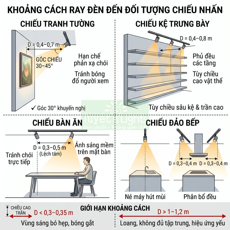 Hướng dẫn khoảng cách lắp ray đèn rọi cho tranh tường, kệ trưng bày, bàn ăn và đảo bếp để chiếu sáng hiệu quả