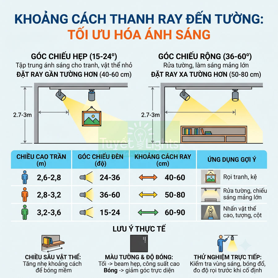 Hướng dẫn khoảng cách lắp đặt đèn rọi ray đến tường để tối ưu ánh sáng cho tranh, kệ và tường nhà