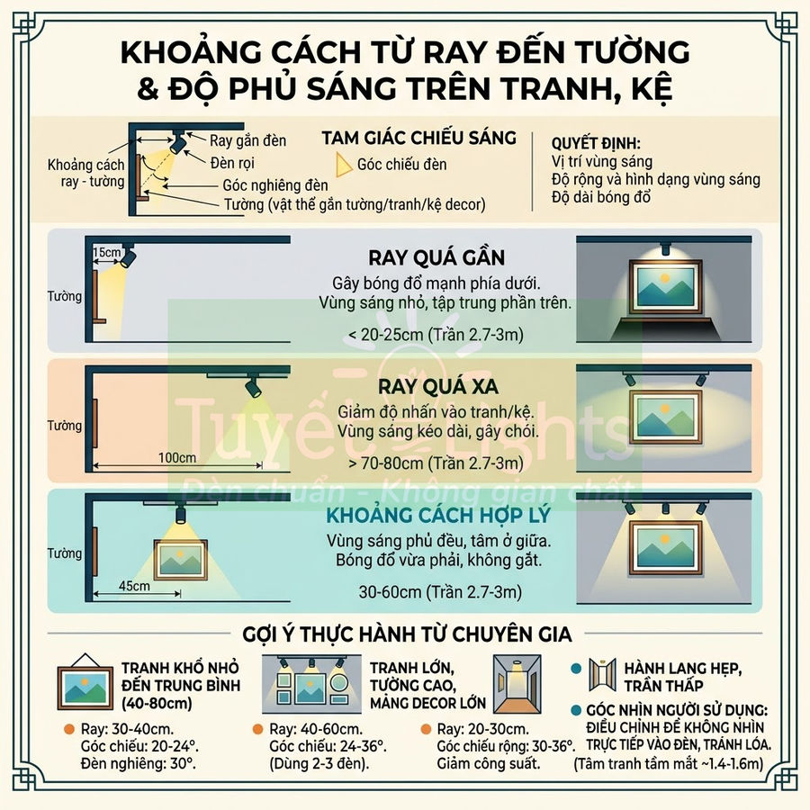 Hướng dẫn khoảng cách lắp ray đèn rọi tranh với tường để chiếu sáng tranh và kệ trang trí hợp lý